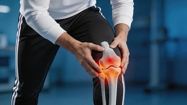 Man holding his knee in pain with an anatomical overlay showing bone structure and inflammation, illustrating sports injury, arthritis, or orthopedic health issues.