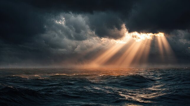 Dramatic ocean view with dark storm clouds and sun rays piercing through, creating a powerful and atmospheric seascape scene