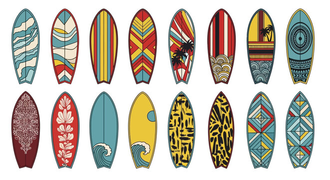 Surfboard, vector icons, colorful designs, patterns, 16 graphics