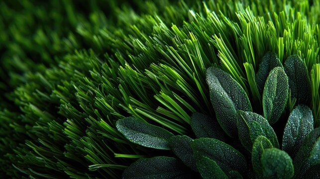 Close-up of vibrant green grass blades and rubber leaves with water droplets, fresh natural foliage background for scenic design