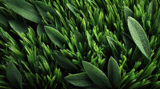 Close-up of lush green grass and leafy sage plants in a vibrant garden scene with dense foliage and textured surfaces