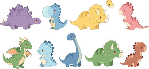 Cute Baby Dinosaur Clipart Vector Set Featuring Stegosaurus, Triceratops, Brachiosaurus, Tyrannosaurus Rex, and Dragon Cartoon Characters for Nursery Pattern Designs © Ismail