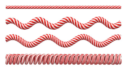 Fototapeta premium Red and white striped border lines, wavy ribbons, and spiral shapes, vector graphics set