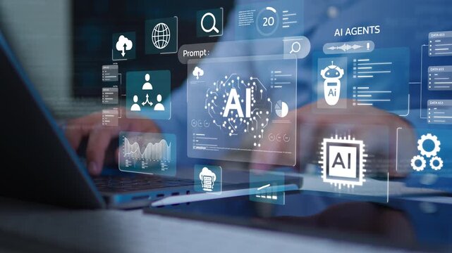 Businessman Using Artificial Intelligence (AI) for Work Efficiency and Data Analysis, AI Agents, Digital Brain Coding, Machine Learning on Virtual Screen and Smart Business System