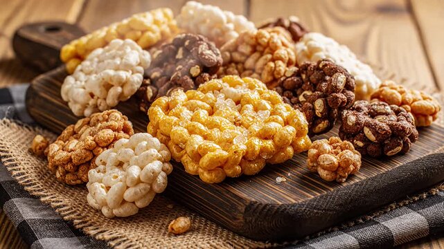 Close up of assorted puffed rice snacks arranged on a wooden board