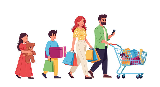 Shopping, people, illustration, vector, colorful, cartoon, retail, customers, shopping cart, bags