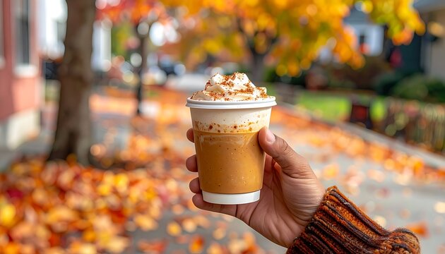 A hand holding a pumpkin spice latte on an autumn street