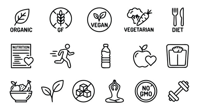 Set of 16 healthy lifestyle and nutrition line icons featuring organic food, vegan, vegetarian, gluten-free, diet, nutrition facts, running, water, apple, scale, fruit bowl, no sugar, yoga, no GMO,