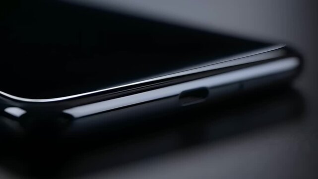 Close up of a sleek black smartphone edge showing the charging port and speaker grill. Modern mobile device with a reflective screen on a dark background. High-end technology hardware concept.