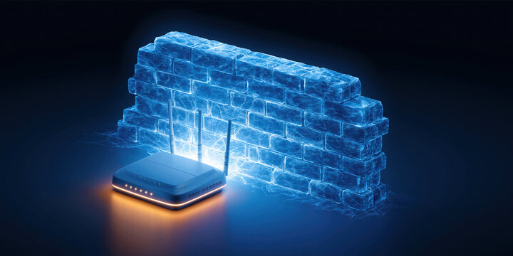 Cyber threat defense glowing network firewall protecting wireless router with blue energy
