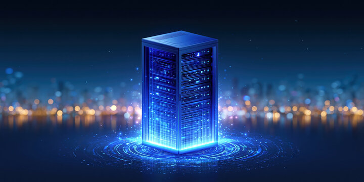 Cyber threat defense glowing server tower secured network hub protecting data with blue light