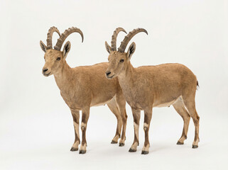 Fototapeta premium Two majestic mountain dwellers stand prominently side by side showcasing their impressive curved horns and robust forms within a luminous expanse embodying the serene resilience of wild alpine fauna.