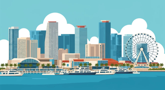 Vector illustration of the downtown Miami skyline featuring modern skyscrapers, a large observation Ferris wheel, palm trees, and luxury yachts docked in Biscayne Bay marina.