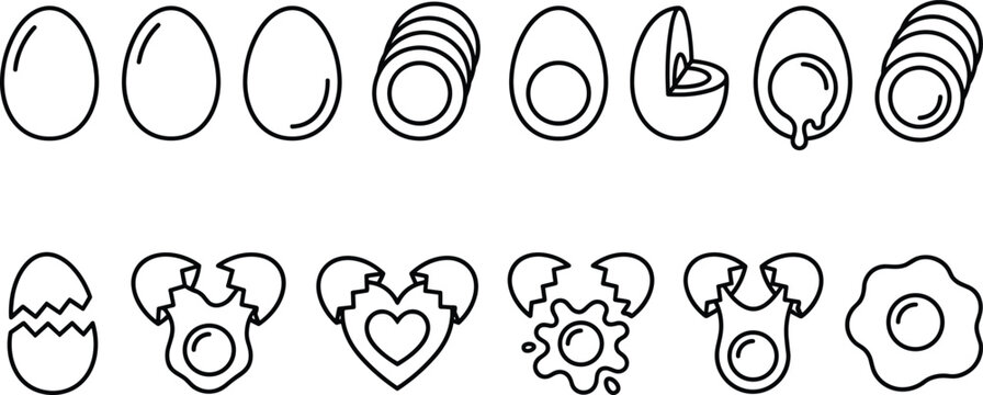 Egg Outline Icon Vector Collection Showing Whole Eggs, Sliced and Halved Eggs, Cracked Shells, Fried Egg Shapes, and Food Preparation Symbols for Cooking, Nutrition, and Kitchen Design