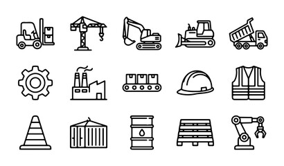 Construction Industry Icons Set: Heavy Machinery, Safety Gear, Factory, Logistics Icons © Moniya