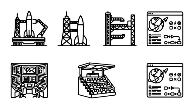 Space Rocket Launch Pad Icons, Futuristic Control Panels, Science Technology Vector Set