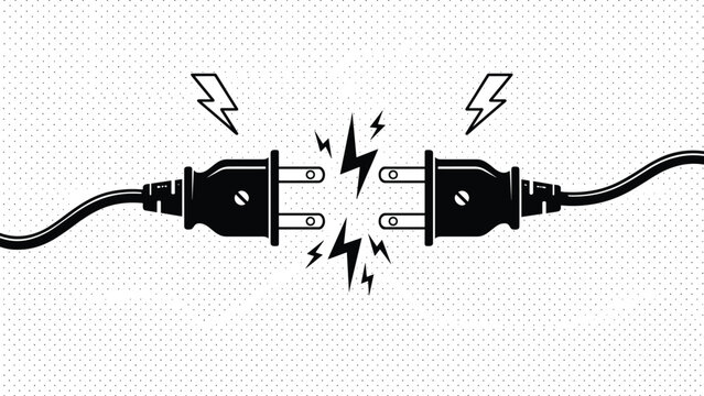 Electric power connection with sparking plugs, energy transfer, voltage surge, black and white vector illustration