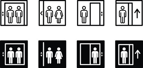 Elevator lift icons set, people inside elevator cabin, up down arrows, public building transportation symbols, black outline solid vector illustration © Amazing2026