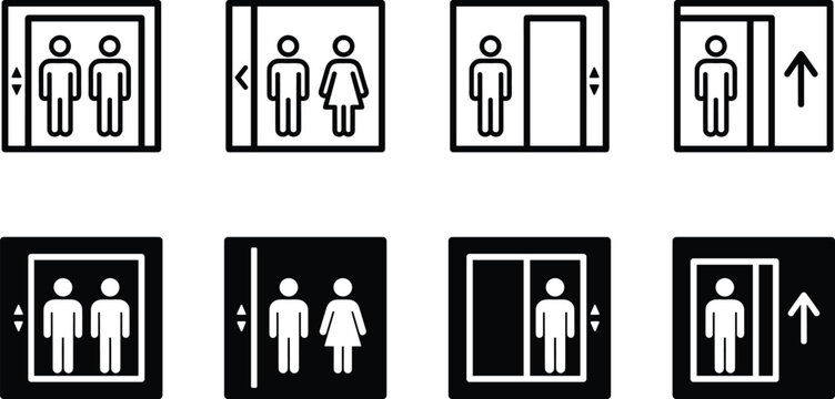 Elevator lift icons set, people inside elevator cabin, up down arrows, public building transportation symbols, black outline solid vector illustration