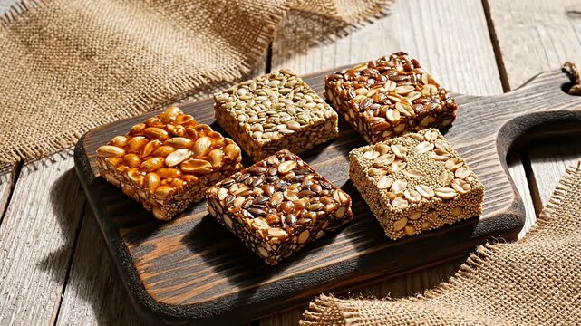 Variety of nut based bars displayed on a wooden serving platter