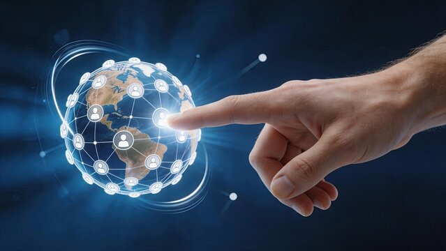 Social media networking and global community concept showing earth globe surrounded by user profile icons connected in a web representing online interaction and digital social
