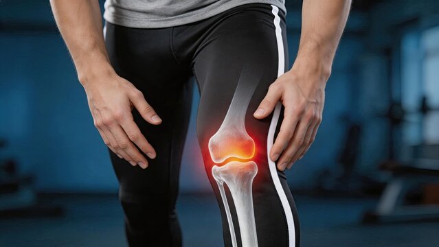 Man holding knee in pain with x-ray anatomy overlay, sports injury concept, joint inflammation, orthopedic treatment, arthritis symptom, physical therapy rehabilitation, medical