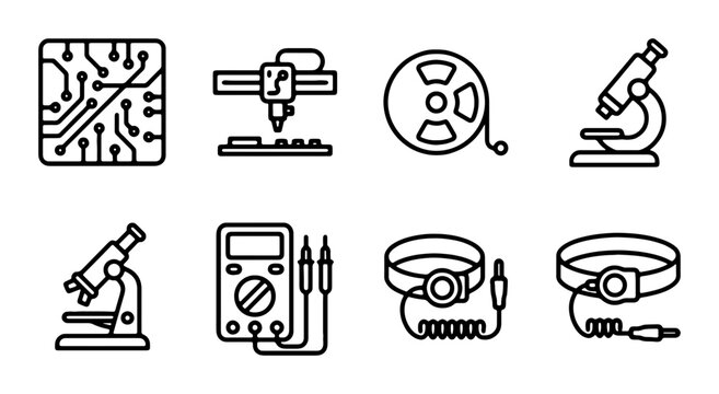 Technology Icons Set: Circuit Board, CNC Machine, Reel, Microscopes, Multimeter, Anti-Static Wristbands