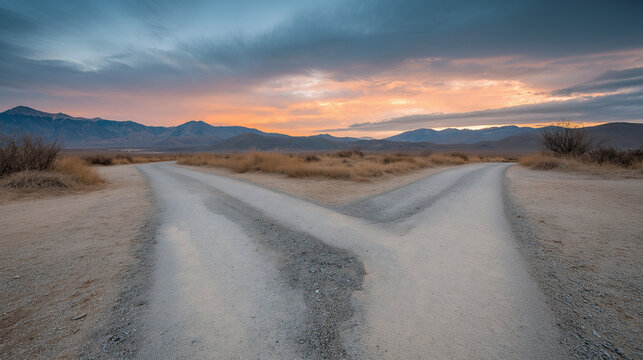 drama. Desert crossroads under a dramatic sunset, symbolizing choices in a cinematic setting. inspiring travel planning, wellbeing guides, designed for coaching and self-improvement content.
