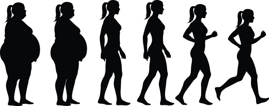 Female weight loss and fitness transformation silhouette vector illustration showing body shape change from overweight to healthy active lifestyle, wellness journey, and exercise progress concept