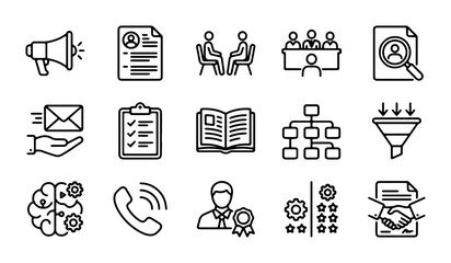 Fototapeta premium 15 HR Recruitment Icons: Job Search, Interview, Hiring Process, Career Development Vector Set