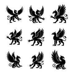 Naklejka premium Mythical Griffin Silhouettes Collection: Heraldic Creatures, Fantasy Icons