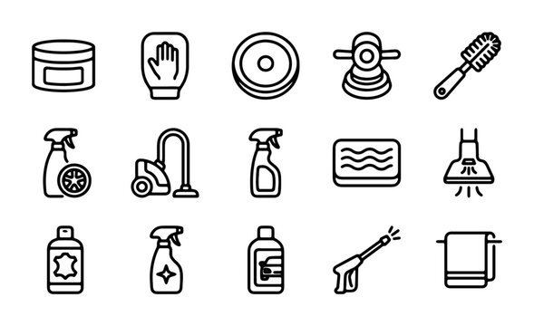 Car Detailing Icons Set: Cleaning, Polishing, Washing Tools Vector Graphics