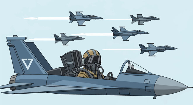 Flat vector illustration of a military pilot in a flight helmet and oxygen mask sitting in the cockpit of a blue fighter jet with a formation of aircraft flying in the sky background.