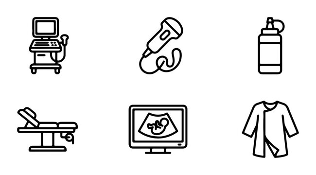 Medical Ultrasound Icons, Obstetrics Equipment Vector Graphics, Healthcare Technology Line Art Set