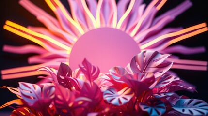 Obraz premium Vibrant tropical leaves below glowing sunburst. Pink, orange hues dominate dark background. Modern digital art style.