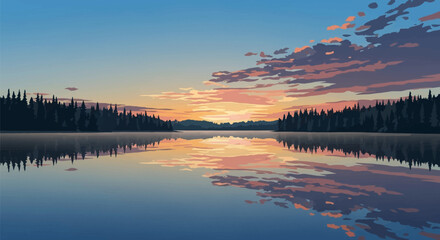 Obraz premium Vector illustration of a calm lake at sunset with pink and orange clouds reflecting in the still water, framed by dark coniferous pine forest silhouettes under a clear blue sky.