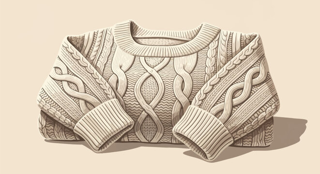 Detailed vector illustration of a folded cream-colored cable-knit wool sweater featuring intricate braided patterns, ribbed cuffs, and a round neck on a solid beige background.