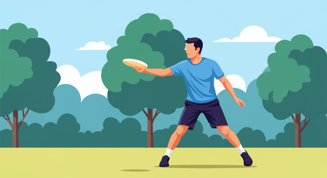 Flat vector illustration of a man wearing a blue t-shirt and dark shorts practicing throwing a frisbee in a sunny outdoor park with green trees, grass, and a blue sky.