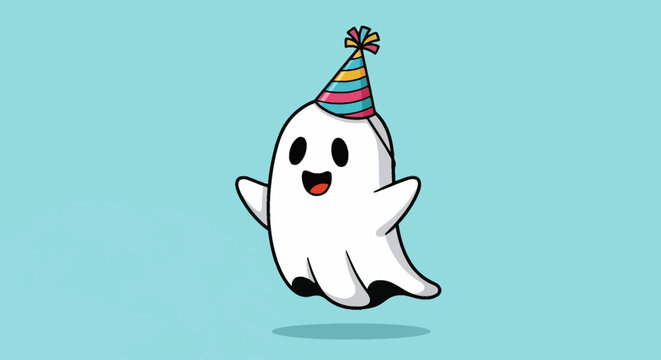 Cute white cartoon ghost wearing a colorful striped party hat with pom-pom, smiling with open mouth and floating on a solid light blue background, clean vector illustration art.