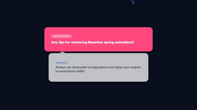 Animated Q&A Dialogue Box with Smooth Spring Animation, Question and Answer Bubbles on Dark Background, Representing Communication, Information Exchange, and Problem Solving.