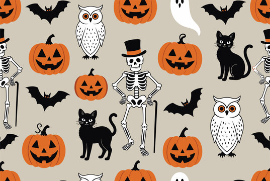 Halloween seamless pattern with spooky characters like skeletons bats cats owls pumpkins and ghosts on grey.