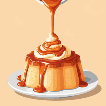 Vector illustration of a flan custard pudding with whipped cream, featuring thick caramel syrup drizzled over the dessert on a circular white plate against a plain beige background.