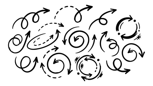 Collection of hand drawn doodle arrows and circular swirl signs in black ink style
