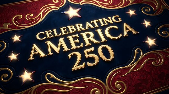 Celebrating america 250 years anniversary commemorative banner with golden relief lettering on dark blue and red background decorated with glowing stars and scrolls.