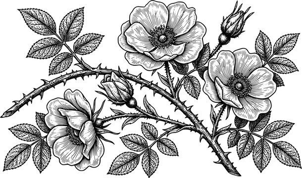 Vintage engraving illustration of a rose branch with blooming flowers and buds featuring detailed thorns and leaves
