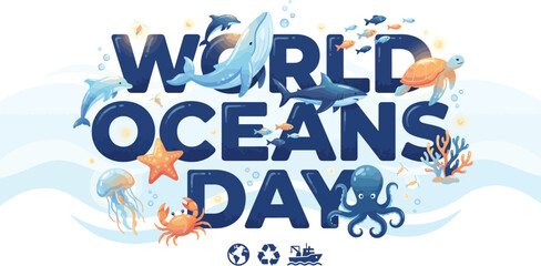 World oceans day horizontal card with a swimming whale dolphin jellyfish crab starfish marine life background © sajibfrlncr