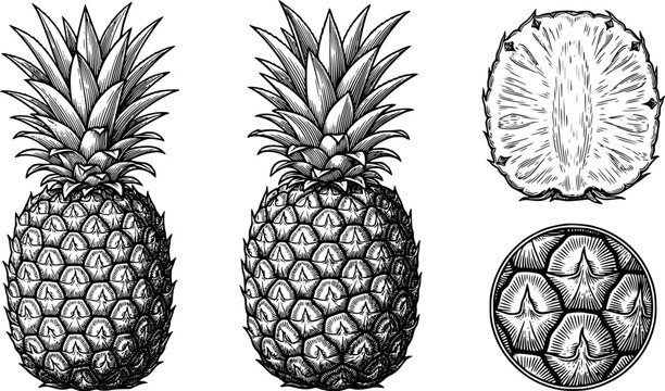 Set of hand drawn pineapples including whole fruits, a vertical slice and a textured skin detail in vintage engraved style