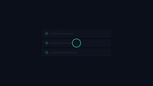 Dynamic checklist animation with progress updates, showing completed tasks with green checkmarks and pending items with circles, symbolizing project completion, task management.