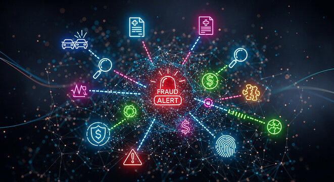 Digital fraud alert concept with glowing icons of financial, medical, and security data connected in a network