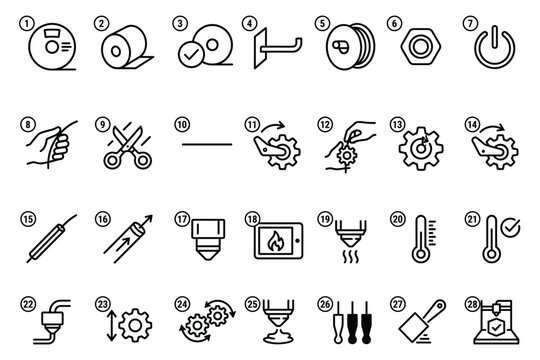 Step by step 3d printing maintenance and setup vector illustration set for machine operations.